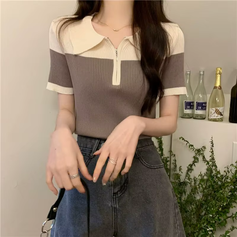 T-shirt rétro à manches courtes et col Polo pour femme