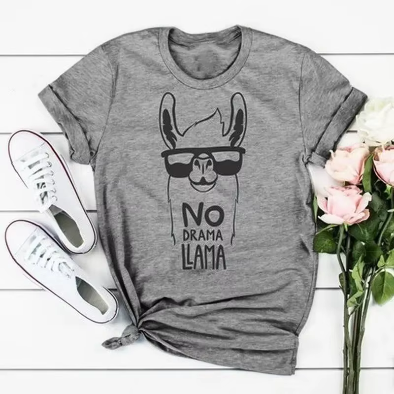 Pas de drame lama alpaga imprimé t-shirt femmes à manches courtes col rond