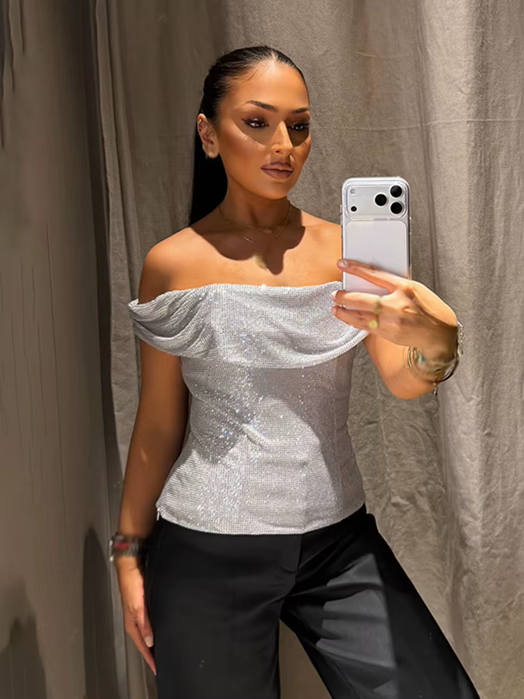 HH femmes été Sexy mince une pièce col haut argent diamant décoration
