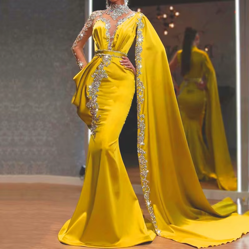 Robe longue à paillettes jaunes pour femmes