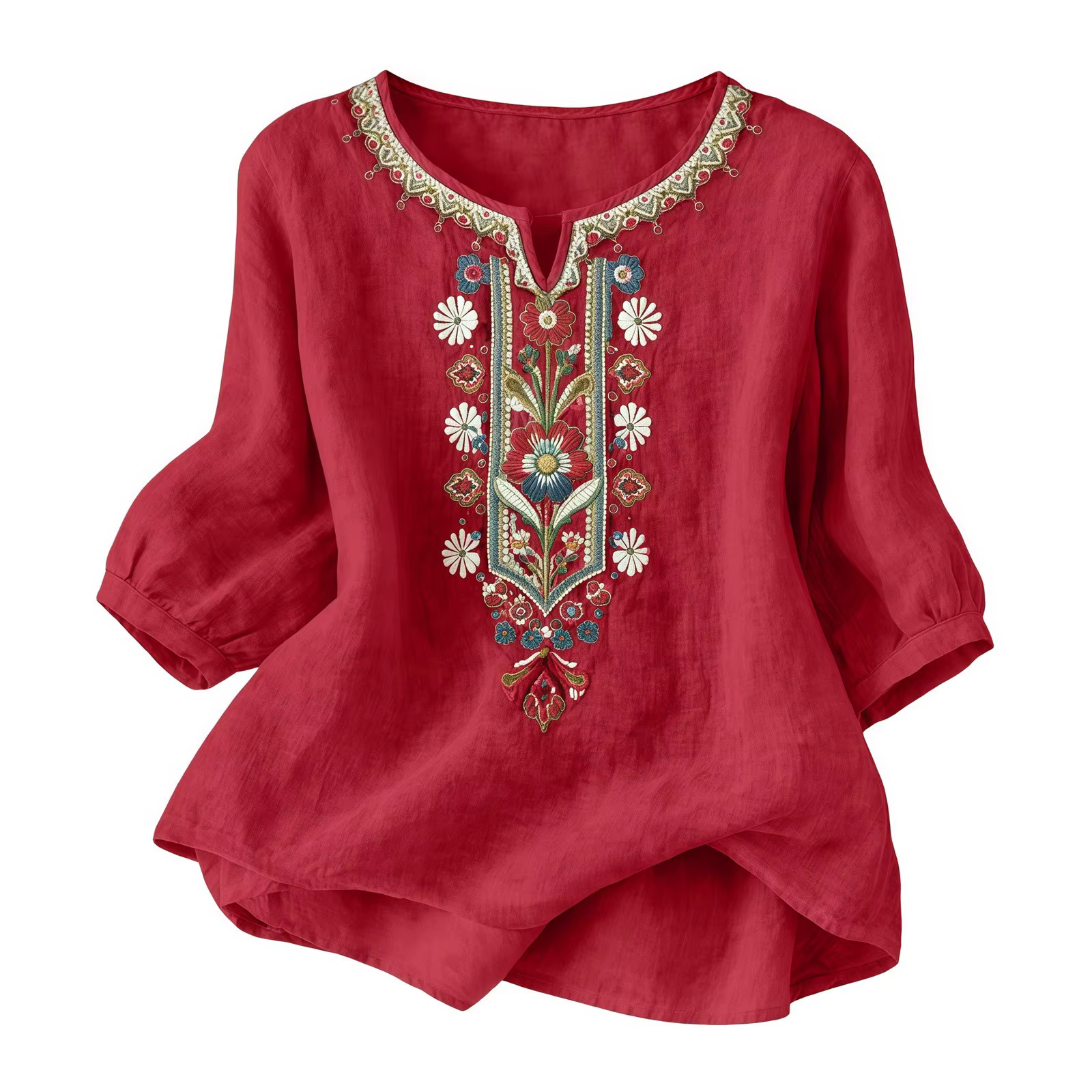 Chemises en lin d'été pour femmes Broderie rétro Tops amples à manches 3/4 Tuniques décontractées Blouses Boho Chemise de plage de vacances Blusas