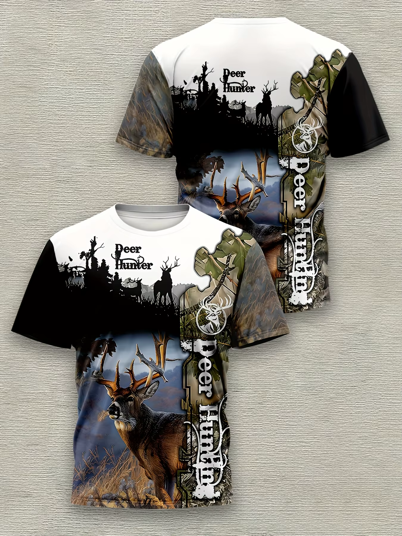 T-shirt décontracté pour homme à imprimé 3D cerf, col rond, manches courtes, style camouflage, motif graphique, hauts de mode pour l'extérieur