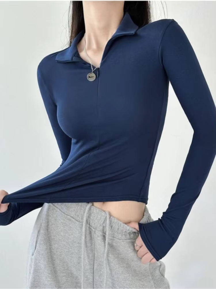 Fermeture éclair col Polo t-shirt pour femmes plaine mince printemps automne coréen vêtements femme