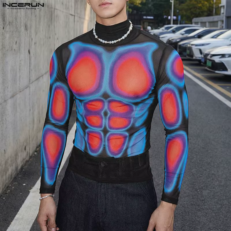 INCERUN T-shirt imprimé à col roulé pour hommes