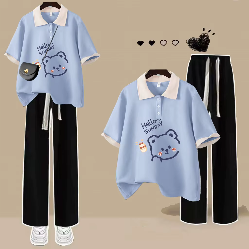 Mode col Polo à manches courtes T-shirt mignon ours en peluche haut ample femmes