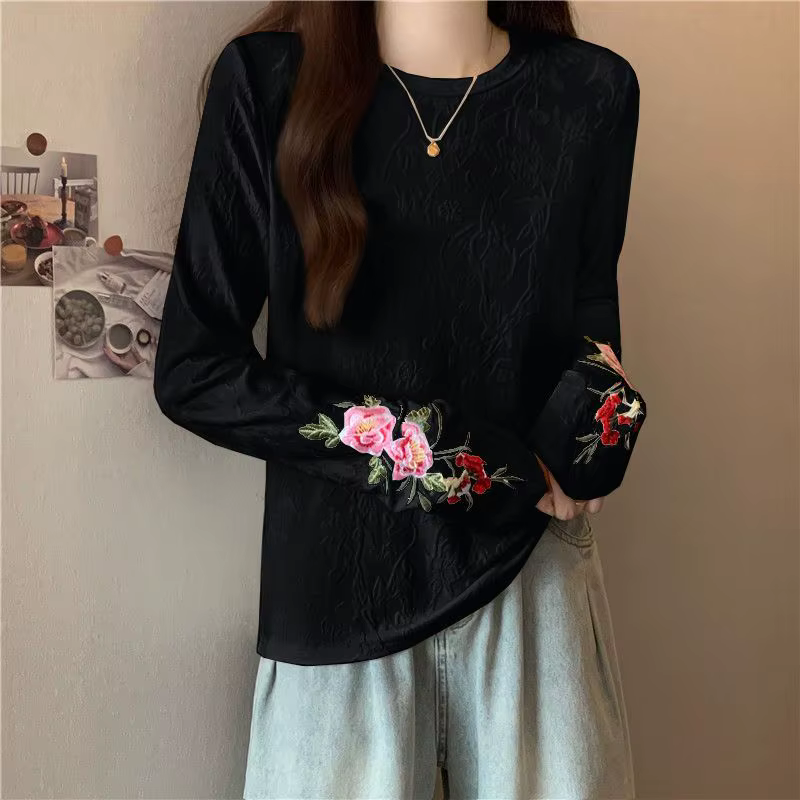 Femmes Style chinois T-shirt broderie Jacquard coupe ample haut printemps automne col rond blouse décontractée pour corps courbé