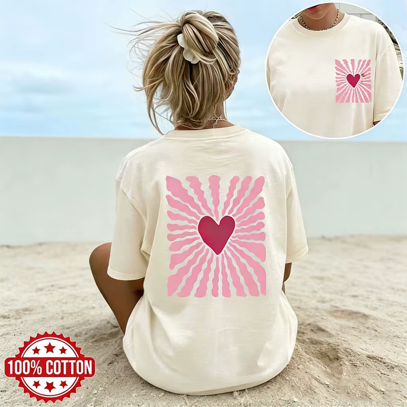 T-shirt en coton pour femme, décontracté, à manches courtes, avec motif en forme de cœur, pour l'été, vêtement de tous les jours, haut basique, tee-shirt minimaliste