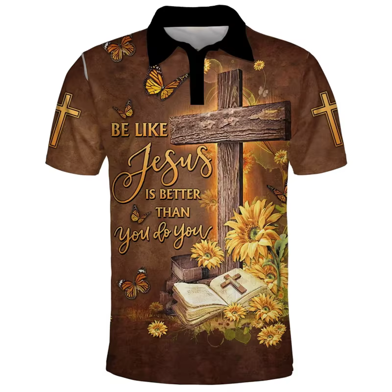 Polo Homme Imprimé 3D Fashion Jesus Motif Croix Coupe Oversize Manches Courtes Unisexe Décontracté Col Boutonné Hauts Vêtements de Golf