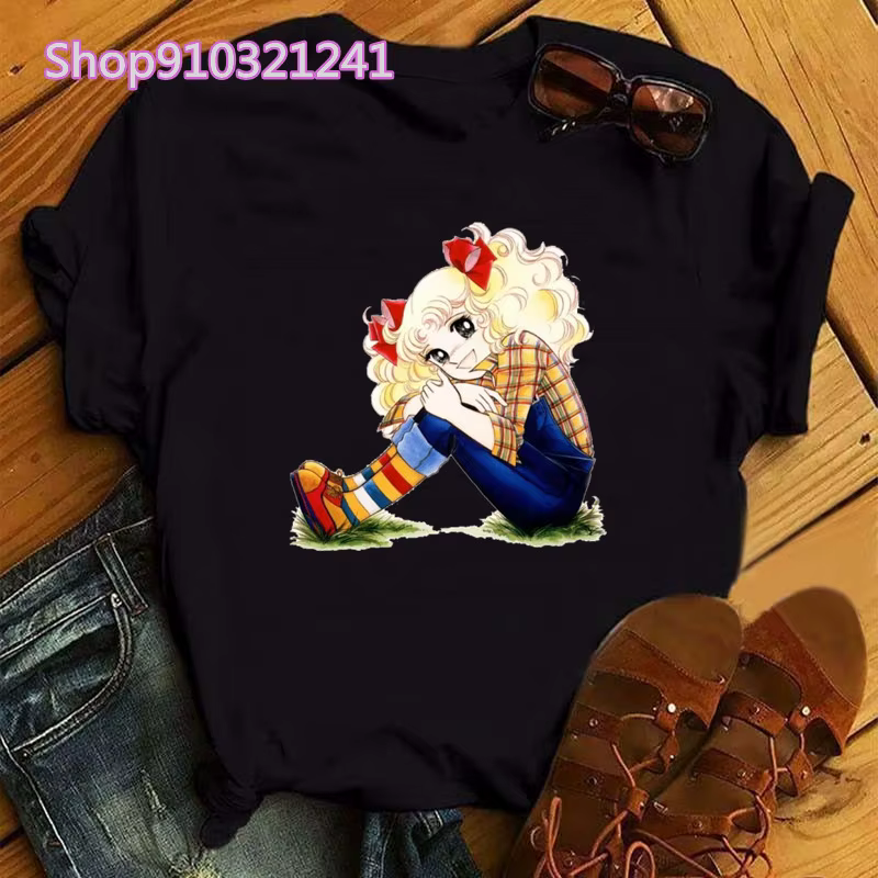 Kawaii Anime bonbons T-shirt femmes été à manches courtes mignon noir