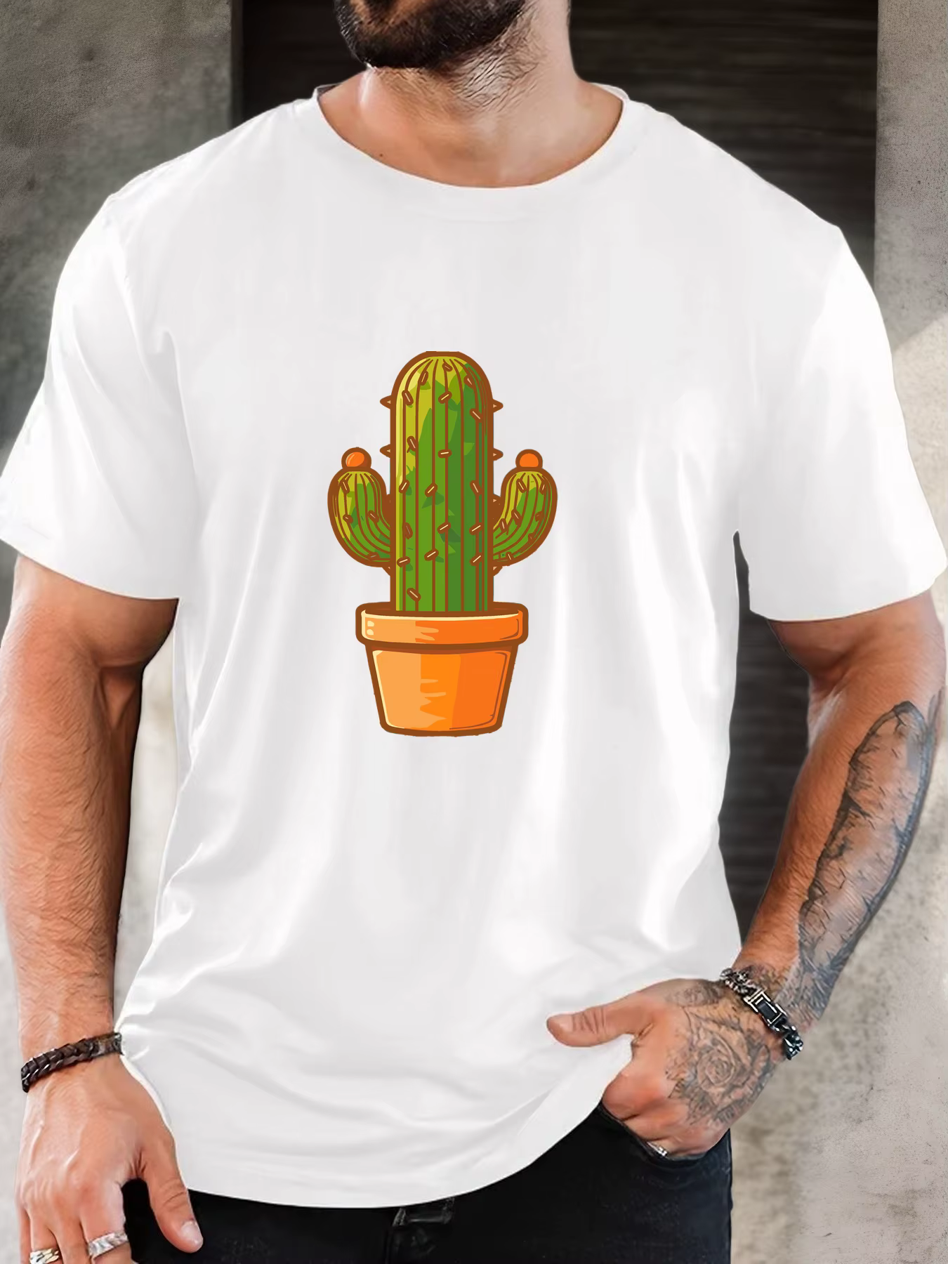 T-Shirt homme 2025 nouveauté mignon Cactus graphique Vibrant vert et Orange imprimé haut élégant quotidien décontracté