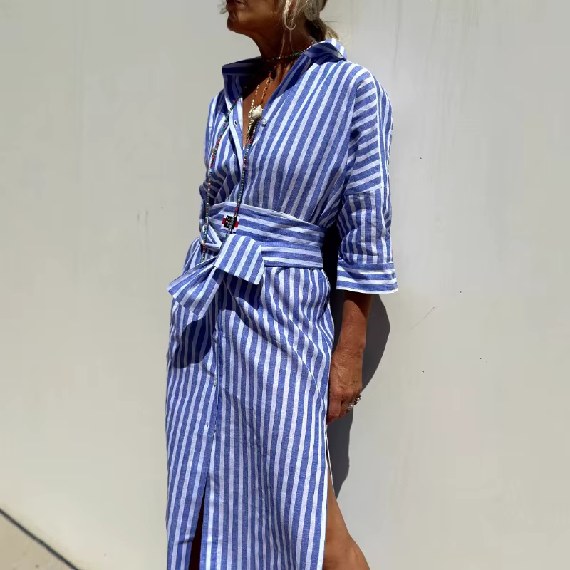 Robe chemise cardigan à col polo sans manches mi-longue rayée tendance pour femme