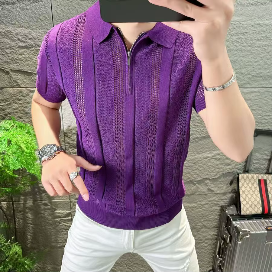 Polo tricoté à fermeture éclair pour hommes