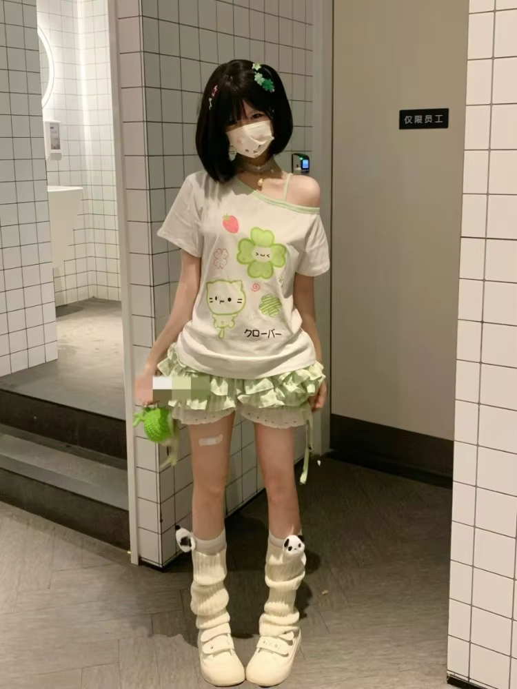 Ezgaga Harajuku t-shirts femmes dessin animé doux col diagonale manches courtes épaules nues drôle hauts femme Y2k dames