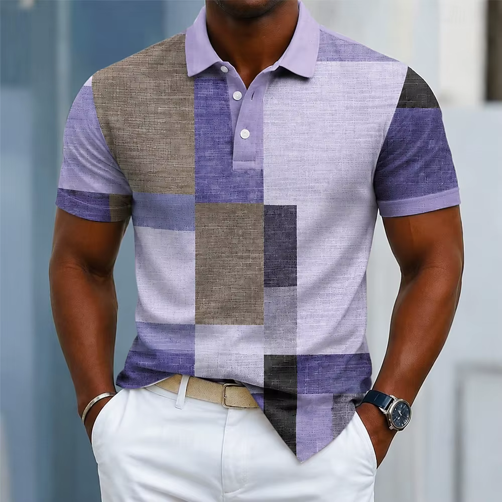 Polo à carreaux marron et violet pour homme