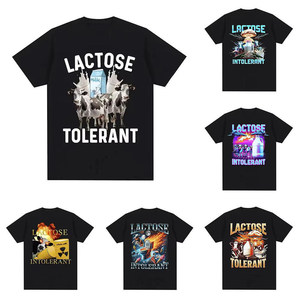 T-shirt humoristique en coton noir avec imprimé vache et motif carton de lait