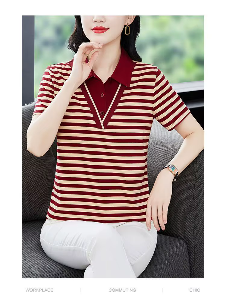Polo rayé pour femme, haut décontracté d'été avec col contrastant et devant boutonné, pour femmes d'âge moyen