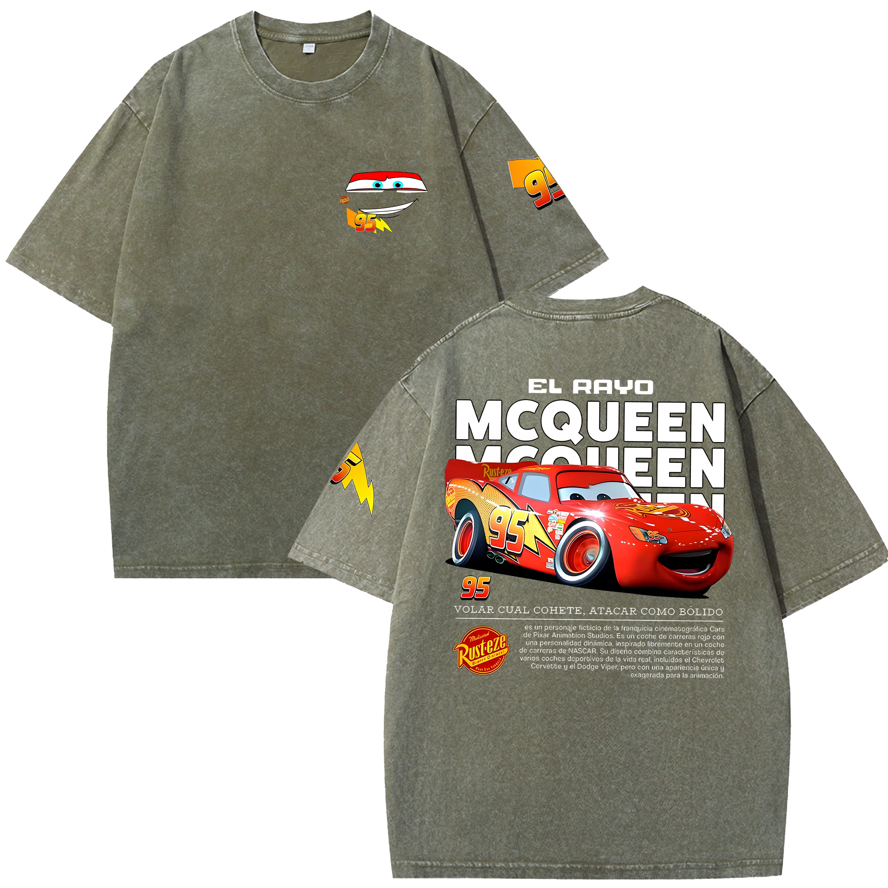 T-shirt Rétro Lightning McQueen Effet Délavé Homme et Femme Coupe Oversize Manches Courtes Motif Voiture Dessin Animé
