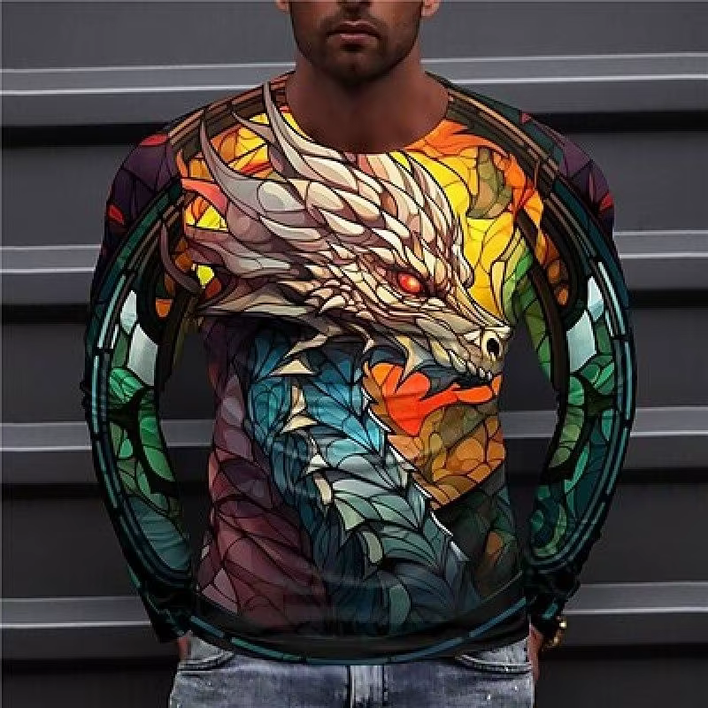 T-shirt Dragon coloré à manches longues et col rond pour hommes