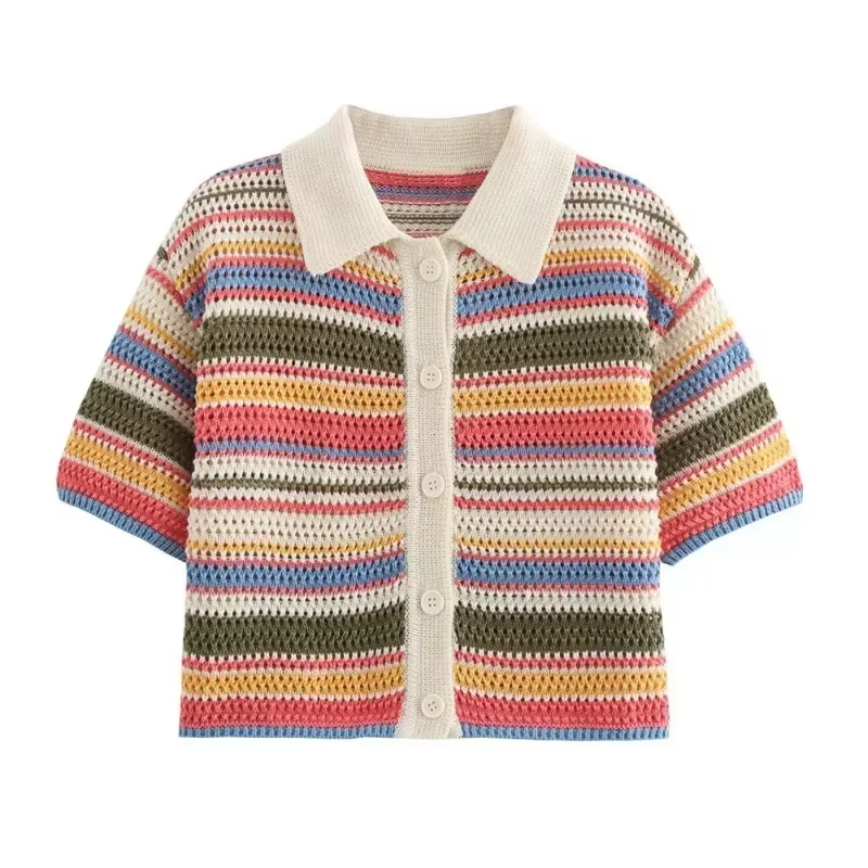 Pull court rayé en tricot au crochet pour femme