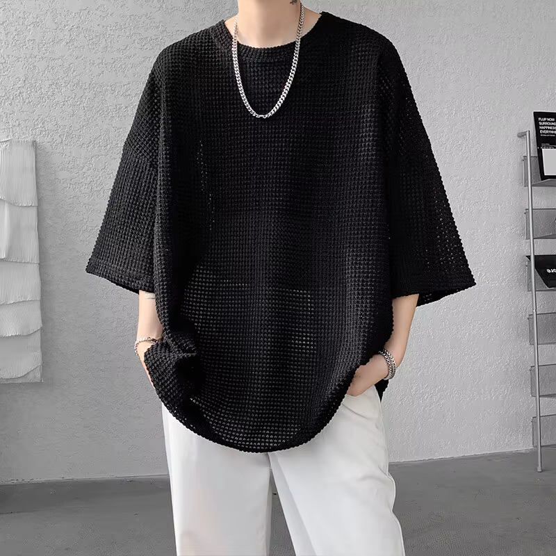 Chemise de Base hommes été surdimensionné demi manches T-Shirt Semi Transparent perforé respirant Streetwear