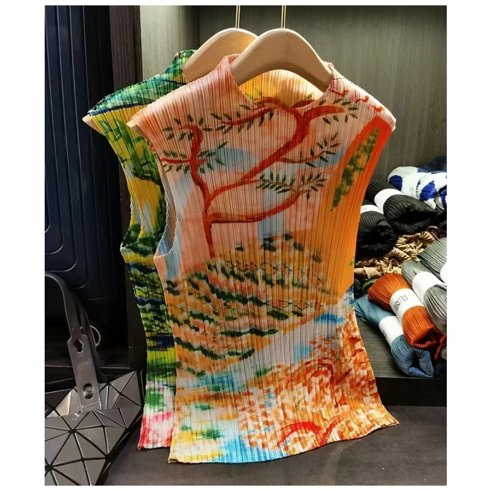 Plisceaux conception originale T-shirt 2025 été plissé fleur imprimé hauts décontracté mode apparaître mince ample rétro femmes vêtements