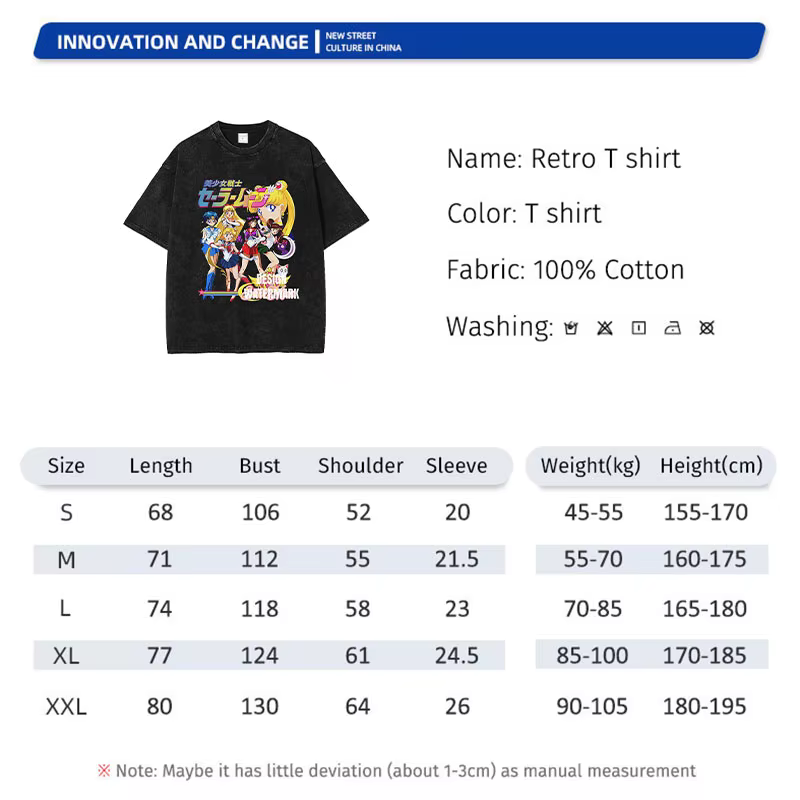 Bandai Anime s-sailor lune T-shirts Vintage lavé Michiru t-shirt Tsukino Rei Makoto Marina Usagi hauts