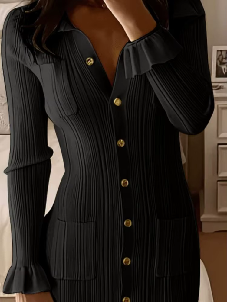 Robe tricotée élégante pour femmes, Slim, revers, manches évasées, poches, robes longues, couleur unie, à la mode, automne