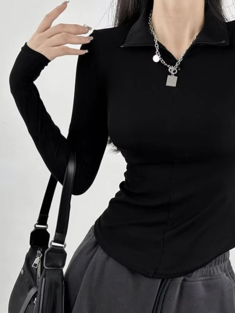 Fermeture éclair col Polo t-shirt pour femmes plaine mince printemps automne coréen vêtements femme