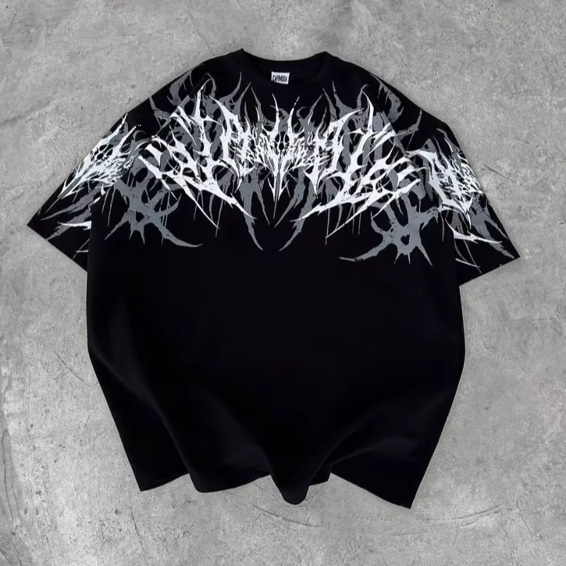 T-shirt Cyberpunk Gothique Imprimé Texture Épineuse Audacieuse en Coton Pur – Style Urbain Confortable pour le Streetwear