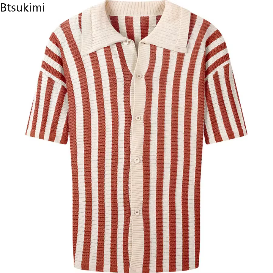 Nouveau Polo en Tricot Tendance pour Homme 2026 – Pull d'Été Ample et Confortable à Rayures Creuses