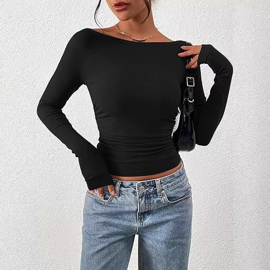 T-shirt côtelé à manches longues pour femme