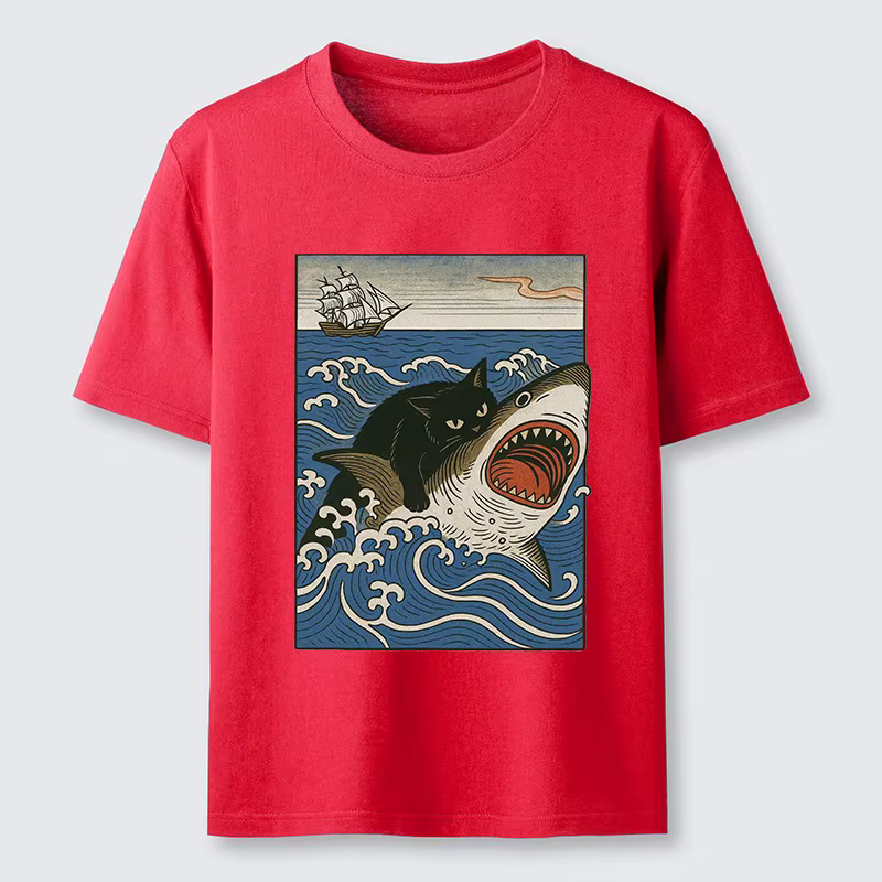 T-shirt classique à manches courtes et col rond en pur coton pour homme, motif requin chasseur de chats, style sportif Harajuku chic, coupe oversize, idéal pour l'été