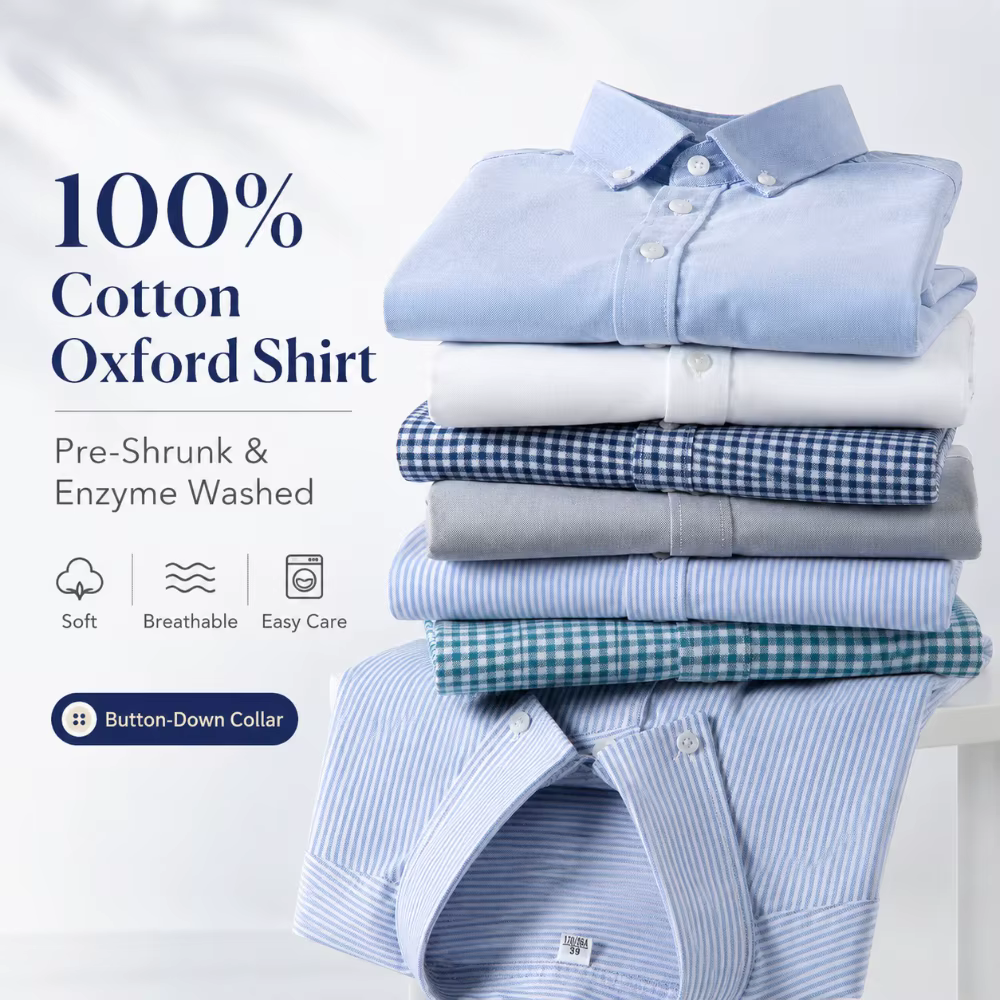 Chemise Homme Oxford Coton Manches Longues Button Down Casual Business Pré-Rétrécie Lavage Enzymatique Respirante Anti-Froissage