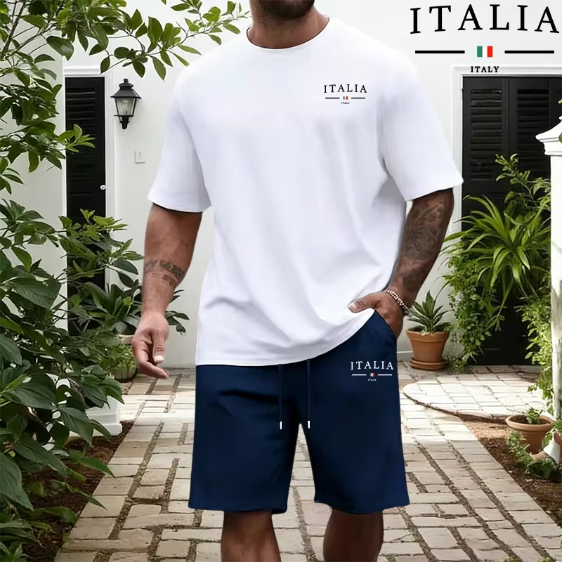 Ensemble Homme Mode Italienne : T-shirts en Coton Pur et Shorts Longueur Genou – Tenue Décontractée Sportive Quotidienne d'Été