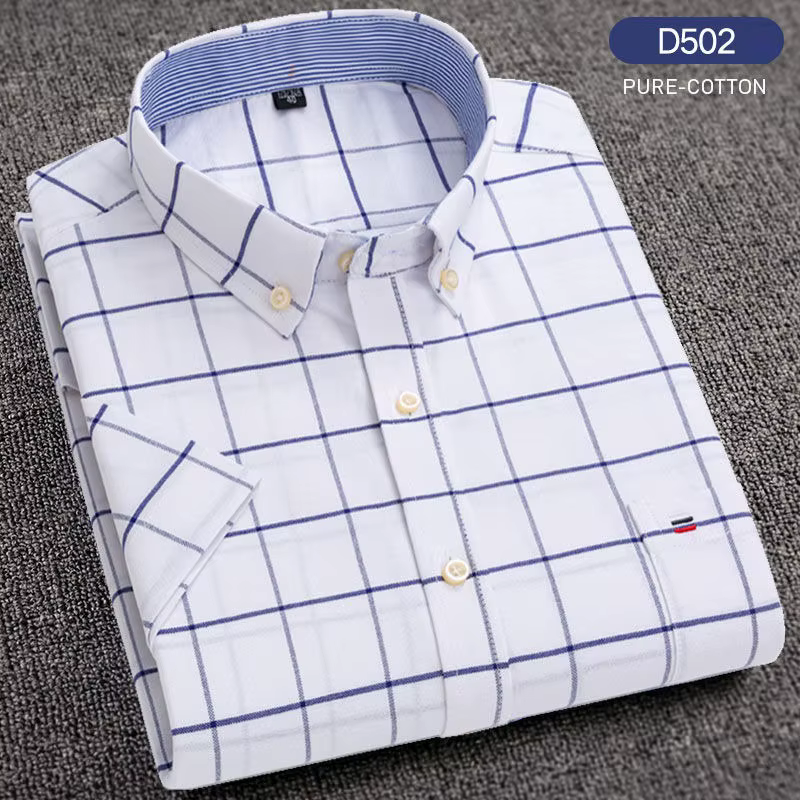 Chemises décontractées d'été pour hommes Oxford manches courtes col carré solide Plaid rayé poche unique chemise en coton confortable