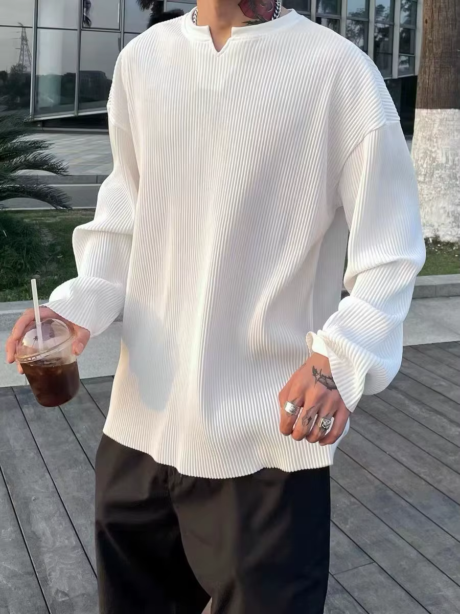 T-shirt Henley ample à manches longues et col en V pour hommes