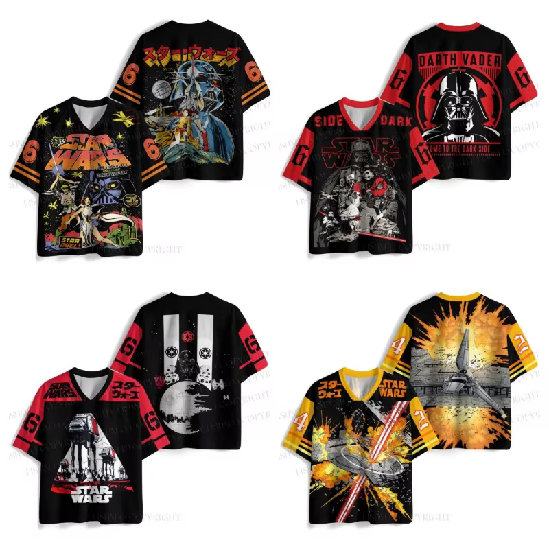 T-shirt à manches courtes col en V imprimé Star Wars Darth Vader Fighter pour toute la famille, décontracté, pour les fans de films, streetwear