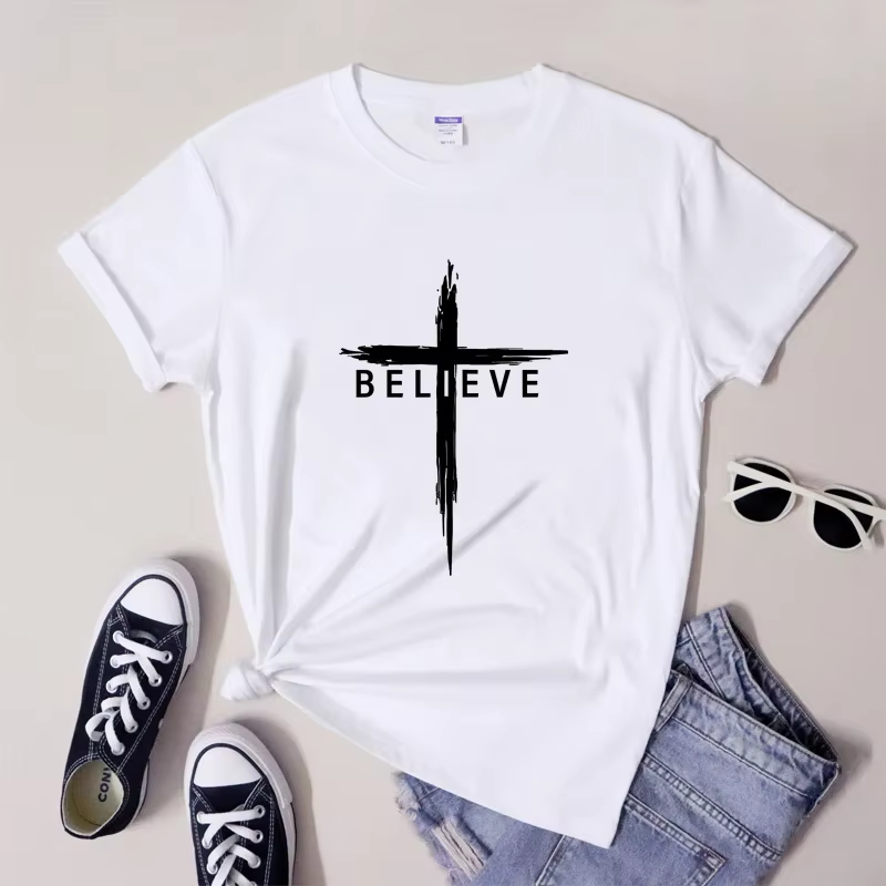 T-shirt Croix Chrétienne Unisexe avec Citations Bibliques Jésus-Christ Femme Religieux Inspirant Foi Bible Haut