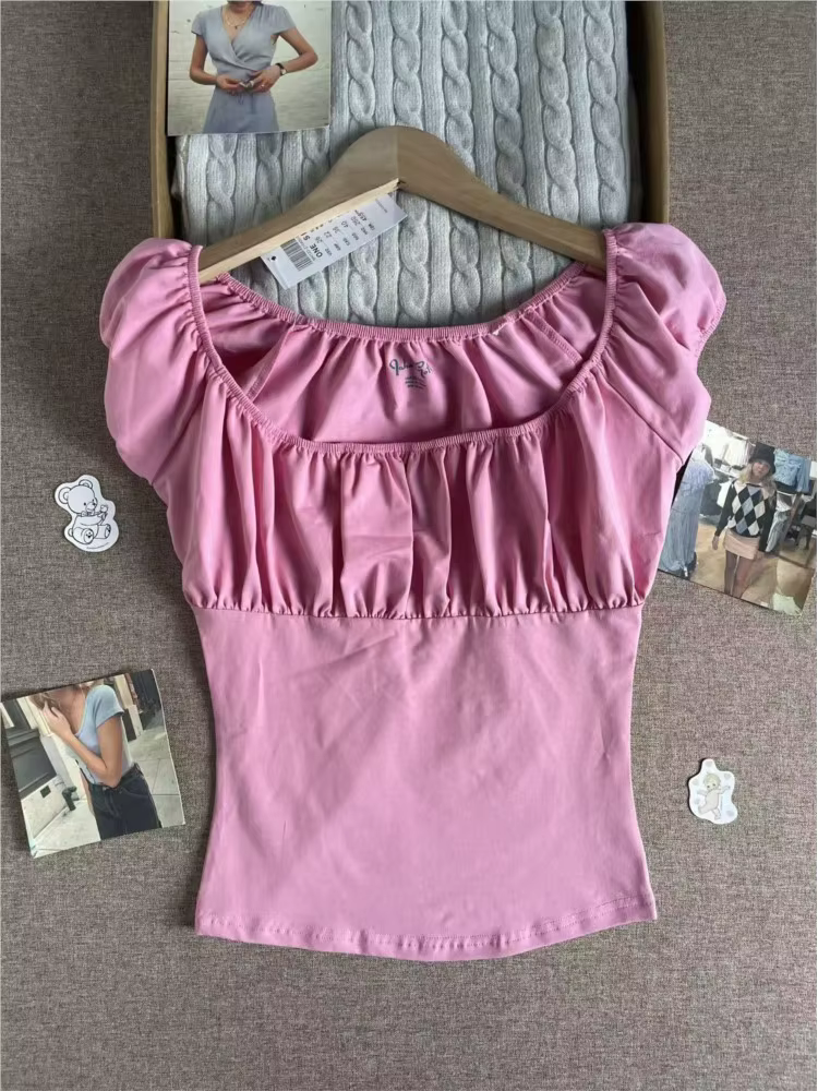 T-shirt rose en maille plissée à manches courtes pour femme
