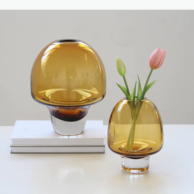 Vase en verre transparent couleur ambre, pots ronds pour fleurs, décoration de table, arrangement floral, vases floraux, décoration esthétique de la pièce
