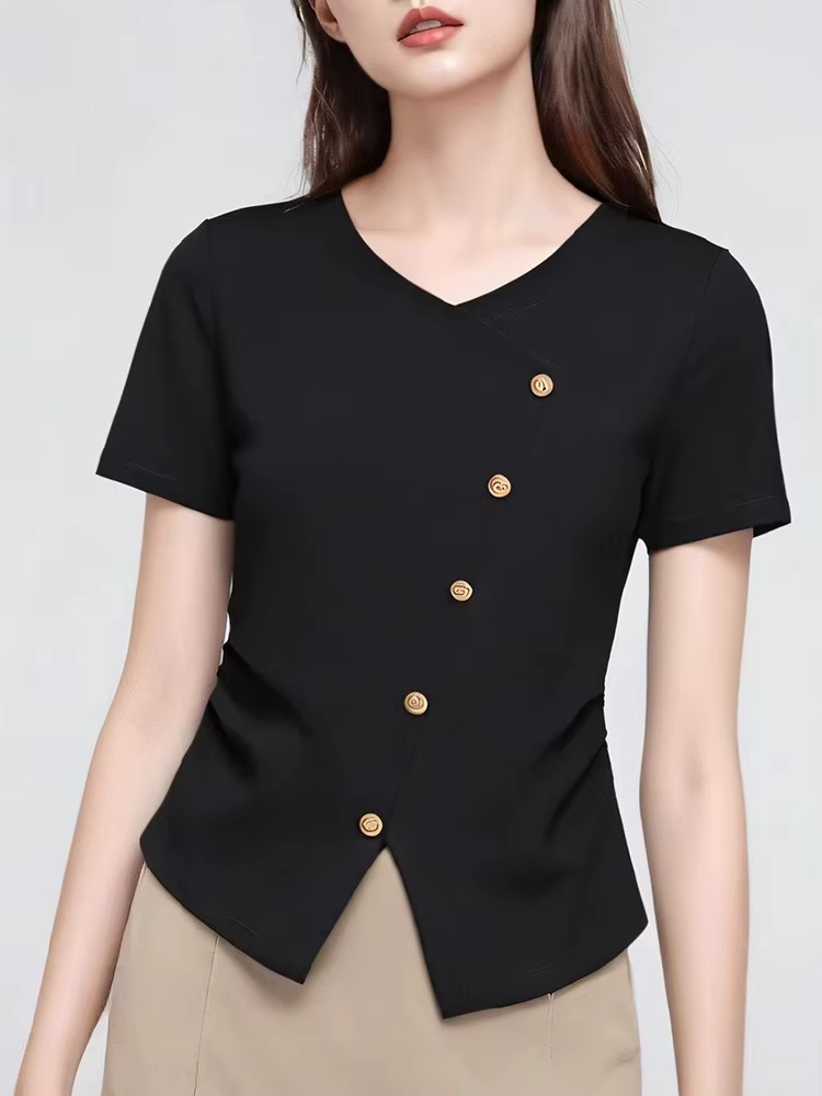 T-Shirt blanc à la taille pour femmes, Style français, col en V, manches courtes, chemisier à la mode, été 2025