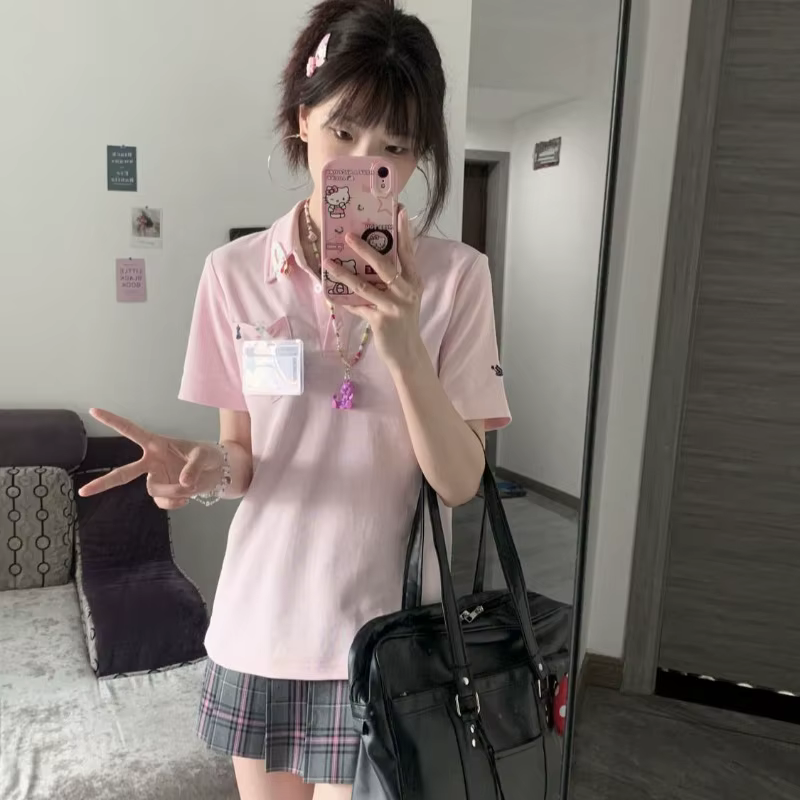 Deeptown basique broderie T-Shirts femmes à manches courtes col Polo Style japonais JK