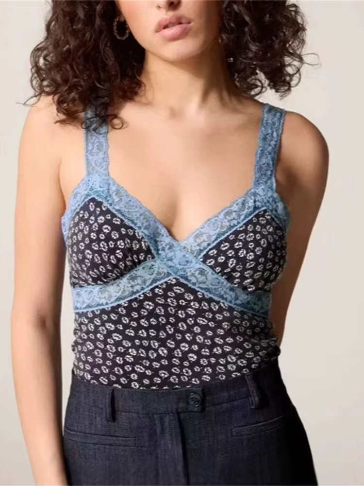 Français 2025 nouvelles femmes Viscose débardeur bleu dentelle couture col en v Sexy dames sangle mince gilet haut