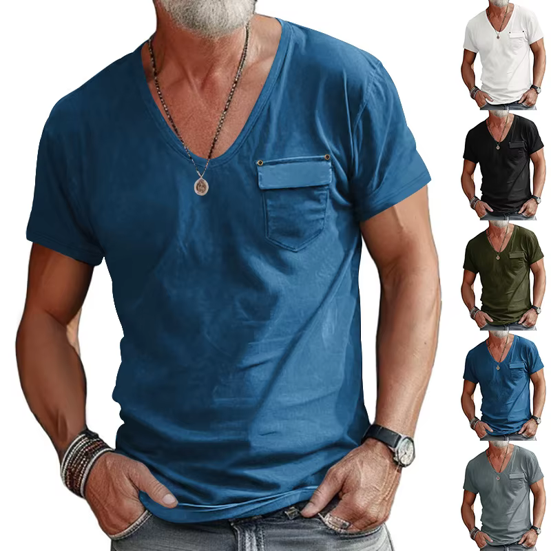 Hommes Col V Poche Économie Casual Homme À Manches Courtes Solide document At Tee Shirt Y-CBFS-CY-25-A