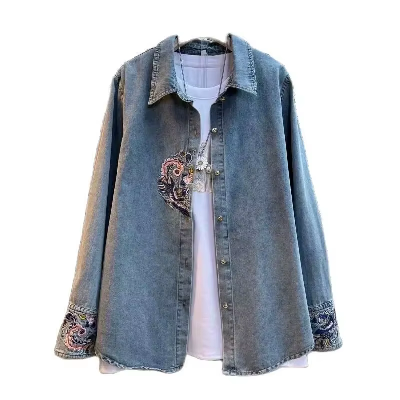 Chemise en jean femme 2025 nouveau printemps été broderie ample à manches longues dames hauts Style rétro mode coréenne
