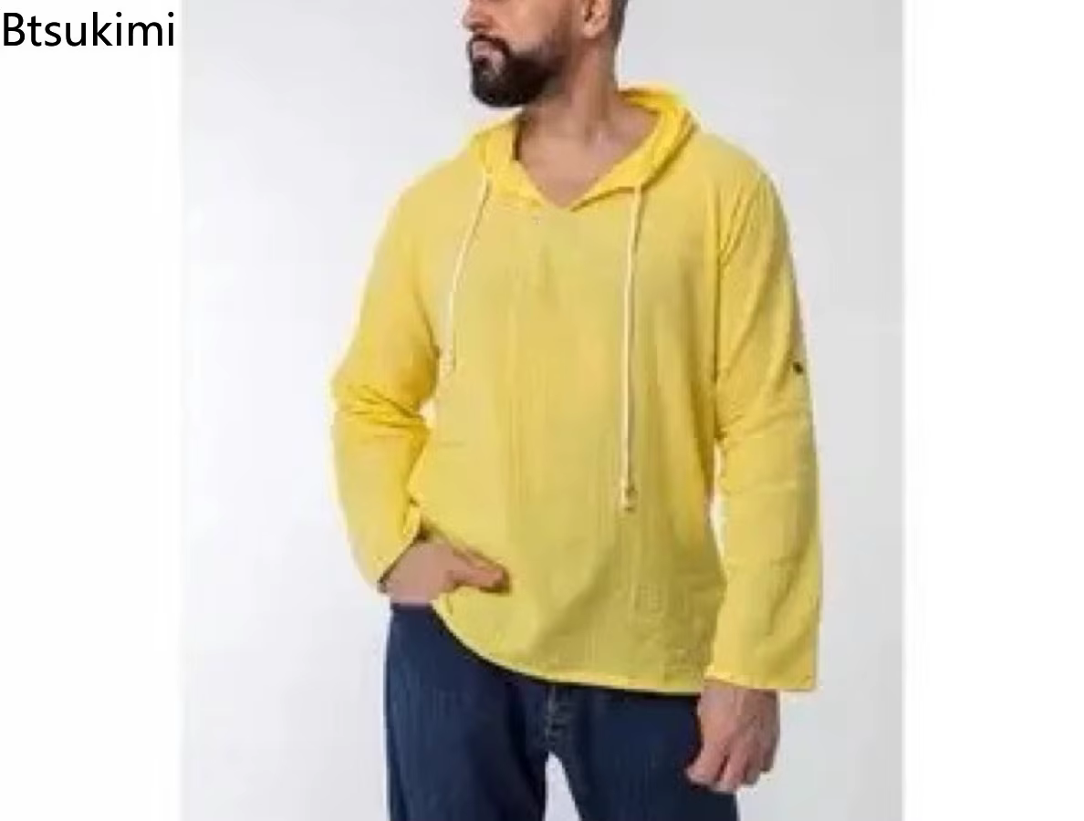 Chemise à capuche en lin et coton pour homme