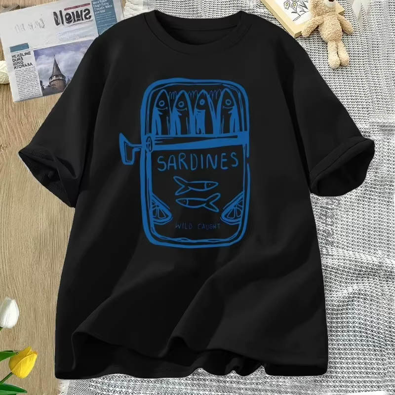 Sardine pêcheur plage imprimé à manches courtes t-shirt décontracté col rond