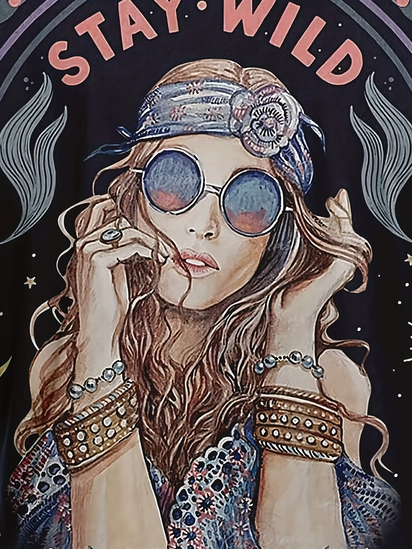 T-shirt noir bohème pour femme - Imprimé graphique fille hippie et étoile