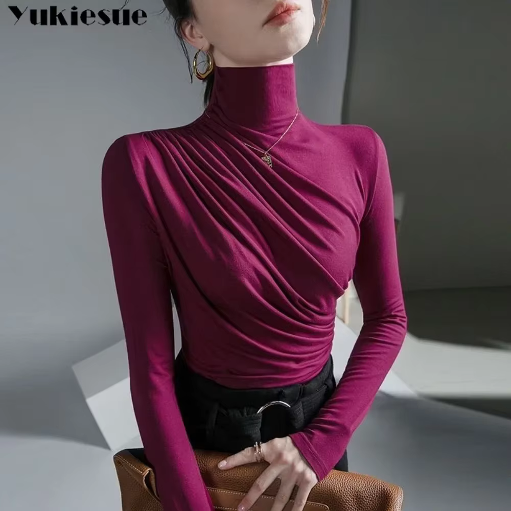 T-shirt extensible plissé à col roulé pour femme