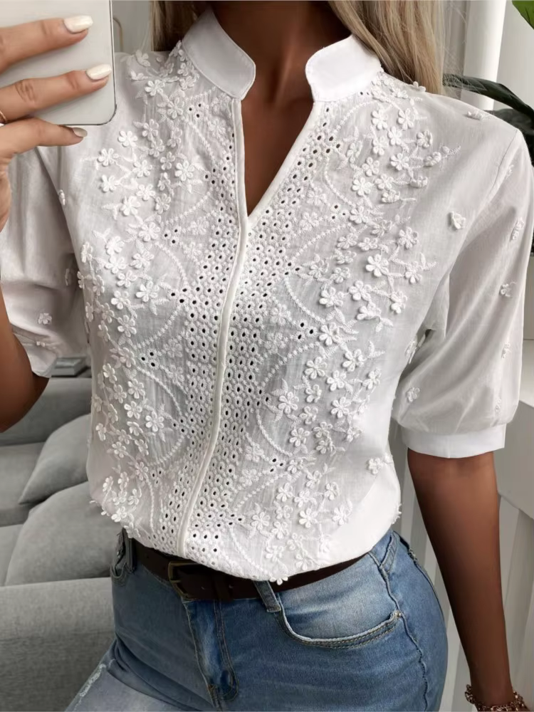 Chemisier élégant à manches courtes et col en V pour femmes, chemise en dentelle pour femmes, haut blanc, décontracté, bureau, fête, t-shirts pour femmes, nouvelle mode, été